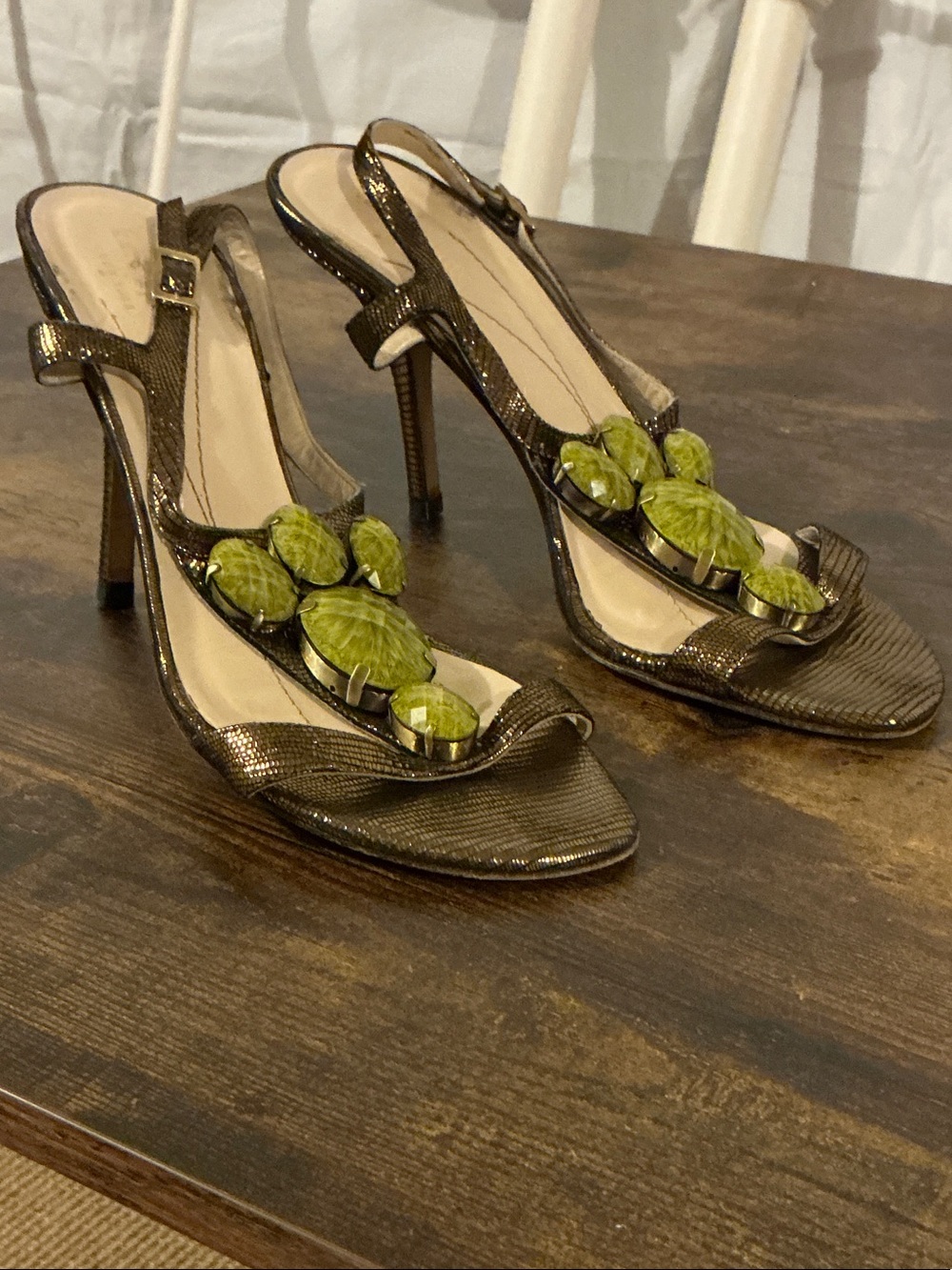 kate spade Brown Slingback Heels with Green Gem Accents
